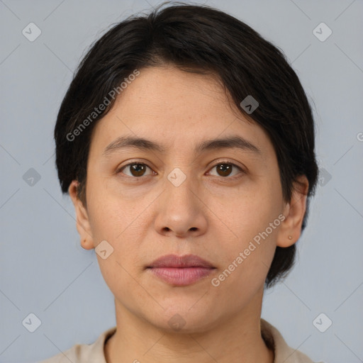 Neutral white young-adult female with medium  brown hair and brown eyes