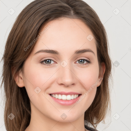 Joyful white young-adult female with medium  brown hair and green eyes