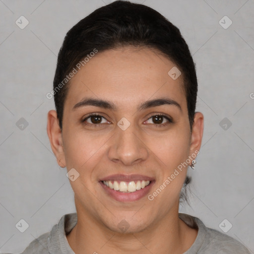 Joyful white young-adult female with short  brown hair and brown eyes