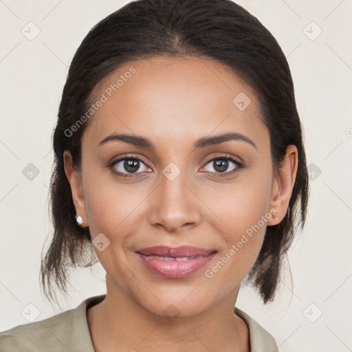 Joyful white young-adult female with medium  brown hair and brown eyes