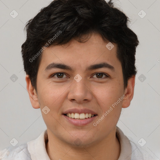 Joyful latino young-adult male with short  brown hair and brown eyes