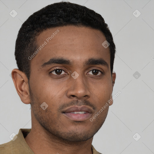 Neutral latino young-adult male with short  black hair and brown eyes