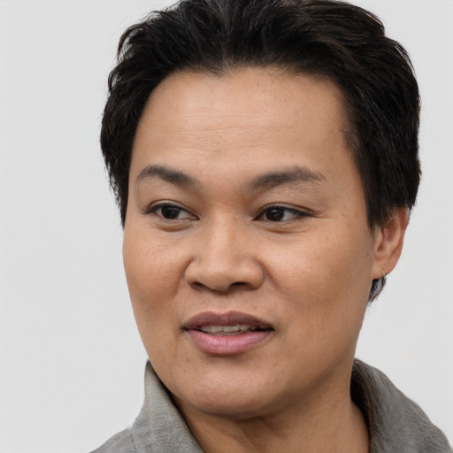 Joyful asian adult female with short  black hair and brown eyes