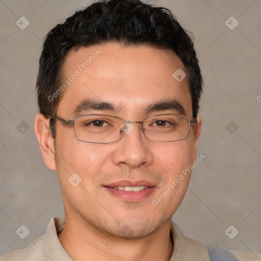 Joyful white adult male with short  brown hair and brown eyes