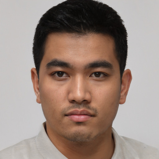 Neutral latino young-adult male with short  black hair and brown eyes
