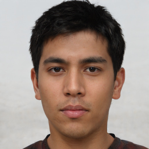 Neutral asian young-adult male with short  black hair and brown eyes