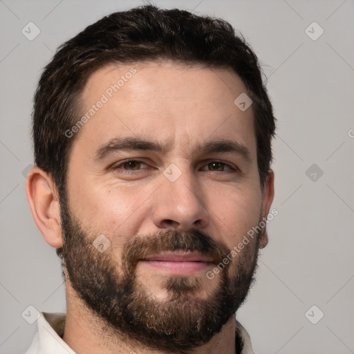 Neutral white young-adult male with short  brown hair and brown eyes