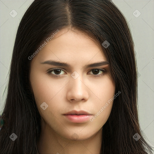 Neutral white young-adult female with long  brown hair and brown eyes