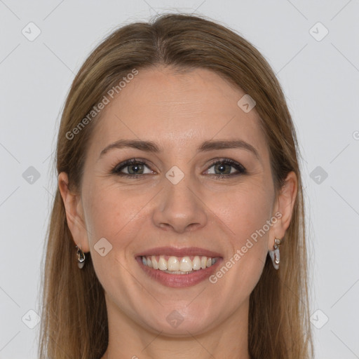 Joyful white young-adult female with long  brown hair and grey eyes