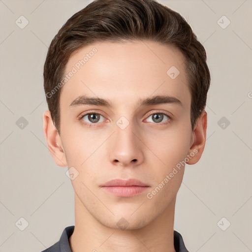 Neutral white young-adult male with short  brown hair and grey eyes