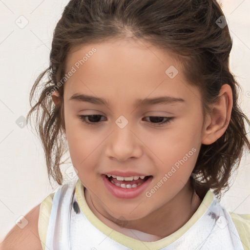 Joyful white child female with medium  brown hair and brown eyes