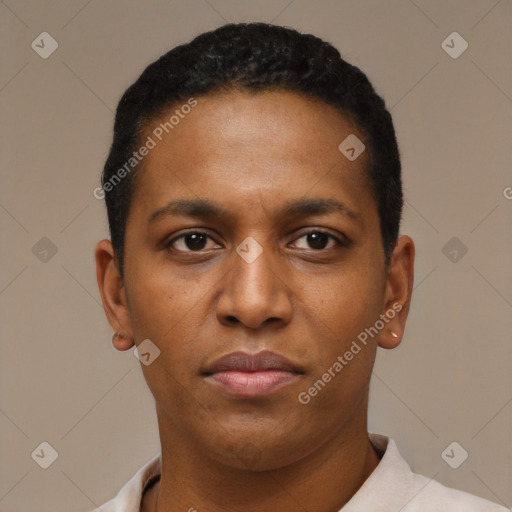 Neutral black young-adult male with short  black hair and brown eyes