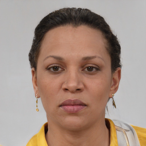 Neutral latino adult female with short  brown hair and brown eyes