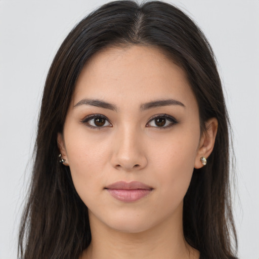 Neutral asian young-adult female with long  brown hair and brown eyes