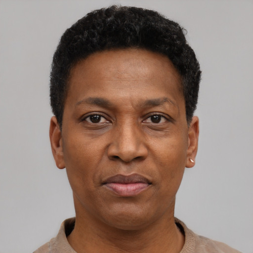 Neutral black adult male with short  black hair and brown eyes