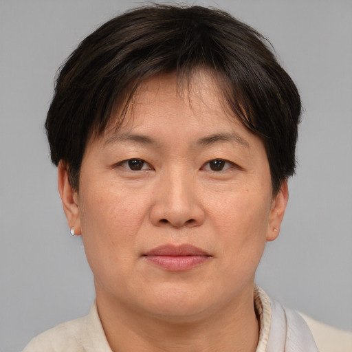 Joyful asian adult female with short  brown hair and brown eyes
