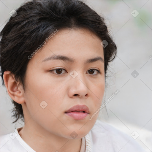Neutral white young-adult female with medium  brown hair and brown eyes
