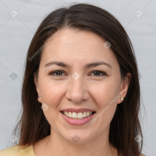 Joyful white young-adult female with medium  brown hair and brown eyes