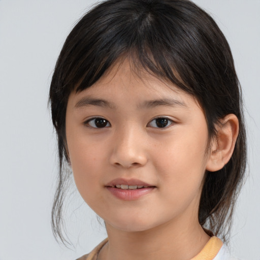 Joyful asian child female with medium  brown hair and brown eyes
