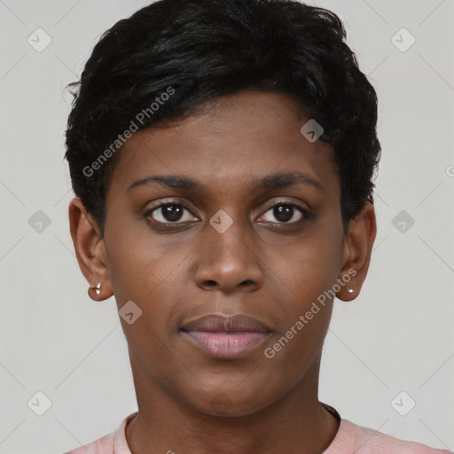 Neutral black young-adult female with short  brown hair and brown eyes