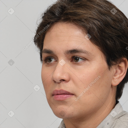 Neutral white adult female with short  brown hair and brown eyes