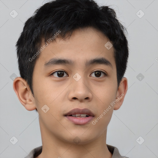 Neutral asian young-adult male with short  black hair and brown eyes