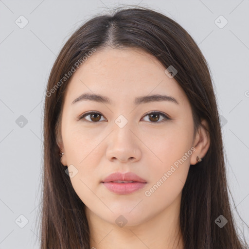 Neutral asian young-adult female with long  brown hair and brown eyes