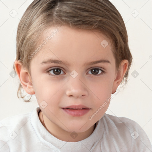 Joyful white child female with short  brown hair and brown eyes