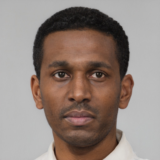 Neutral black young-adult male with short  black hair and brown eyes