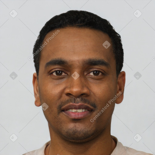 Neutral black young-adult male with short  black hair and brown eyes