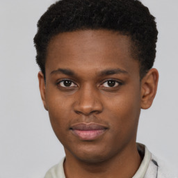 Joyful black young-adult male with short  brown hair and brown eyes