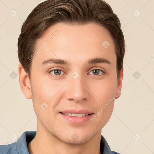 Joyful white young-adult male with short  brown hair and grey eyes