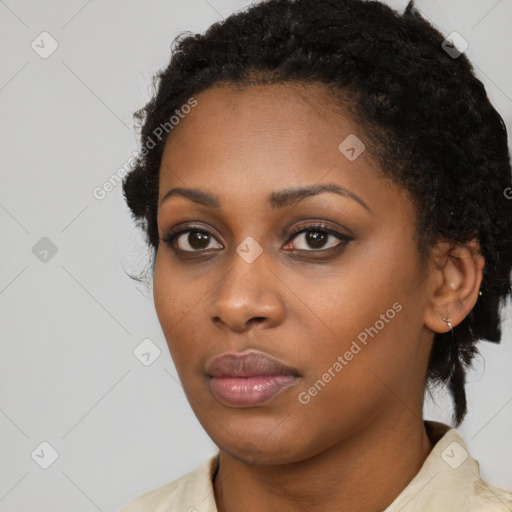 Neutral black young-adult female with short  black hair and brown eyes