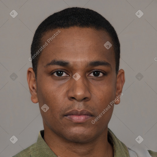 Neutral latino young-adult male with short  black hair and brown eyes