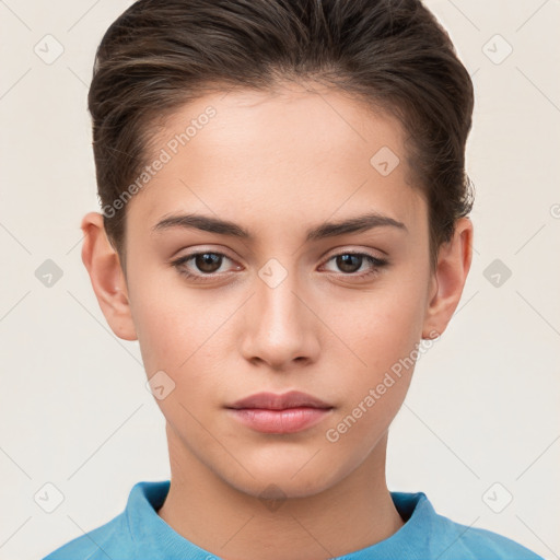 Neutral white young-adult female with short  brown hair and brown eyes