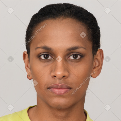 Neutral black young-adult female with short  brown hair and brown eyes