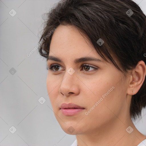 Neutral white young-adult female with medium  brown hair and brown eyes