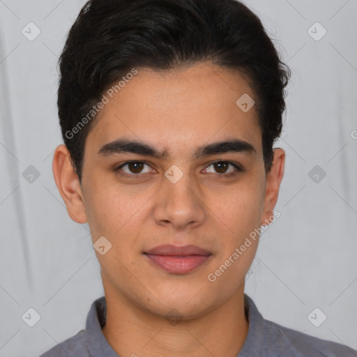 Joyful latino young-adult male with short  brown hair and brown eyes