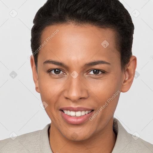 Joyful white young-adult female with short  brown hair and brown eyes