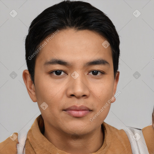 Neutral asian young-adult male with short  black hair and brown eyes