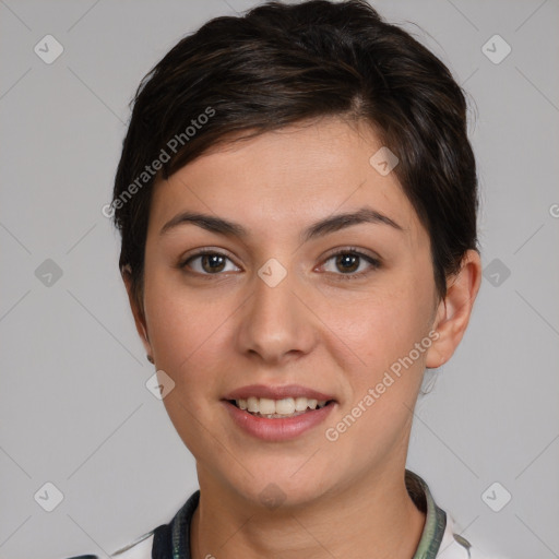 Joyful white young-adult female with short  brown hair and brown eyes