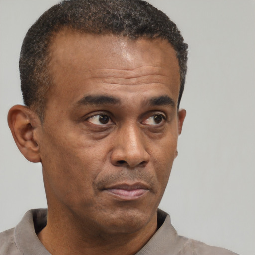 Neutral black adult male with short  black hair and brown eyes