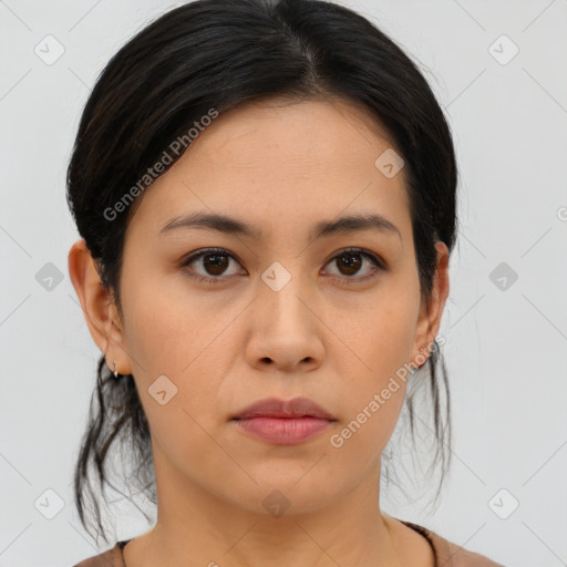 Neutral asian young-adult female with medium  brown hair and brown eyes