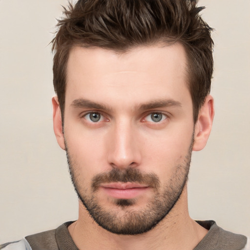 Neutral white young-adult male with short  brown hair and grey eyes