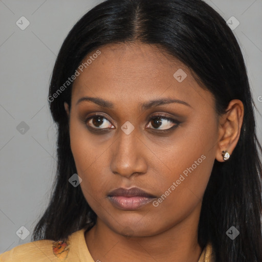 Neutral latino young-adult female with long  brown hair and brown eyes