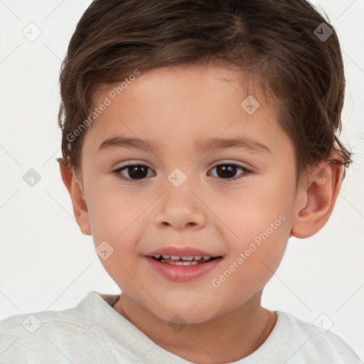 Joyful white child female with short  brown hair and brown eyes