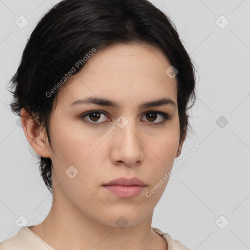 Neutral white young-adult female with medium  brown hair and brown eyes