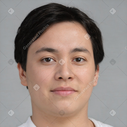 Neutral asian young-adult male with short  brown hair and brown eyes