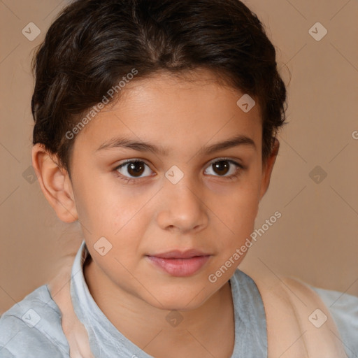 Joyful white child female with short  brown hair and brown eyes