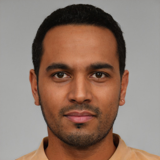 Neutral latino young-adult male with short  black hair and brown eyes
